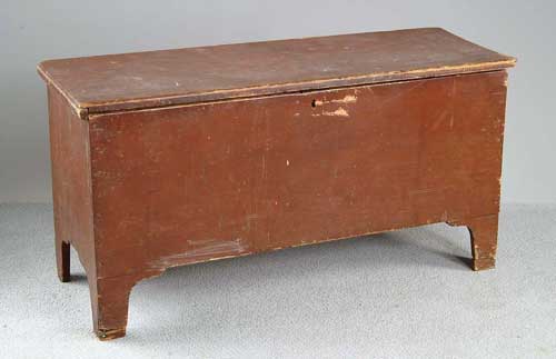 Appraisal: EARLY RED BLANKET BOX Six board with bootjack type ends