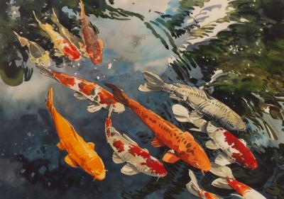 Appraisal: th Century School Koi Carp in a Pond watercolour cm