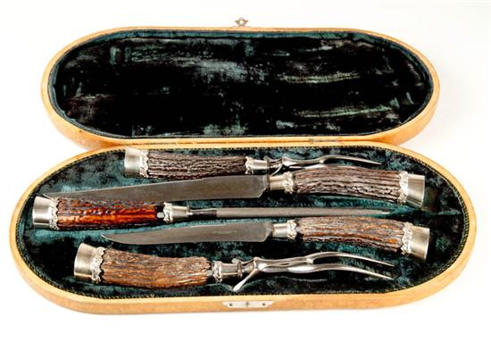 Appraisal: A Five Piece Stag Antler Carving Set with sterling collars