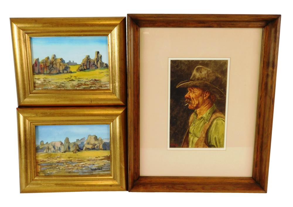 Appraisal: Three watercolor paintings western themed including Jim Malady watercolor profile