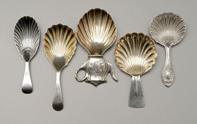 Appraisal: Five English silver caddy spoons all with shell bowls one