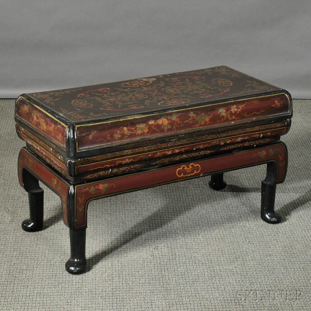 Appraisal: Black Lacquer Box on Stand China the rectangular covered box