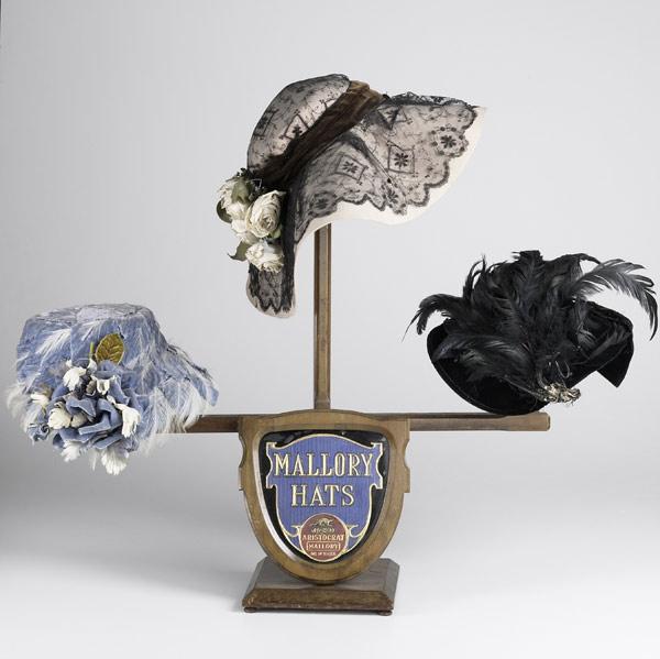 Appraisal: MALLORY HAT ADVERTISING DISPLAY Rack with three vintage hats th