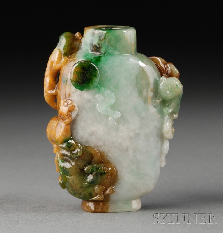 Appraisal: Jade Snuff Bottle green with emerald and brown markings surface