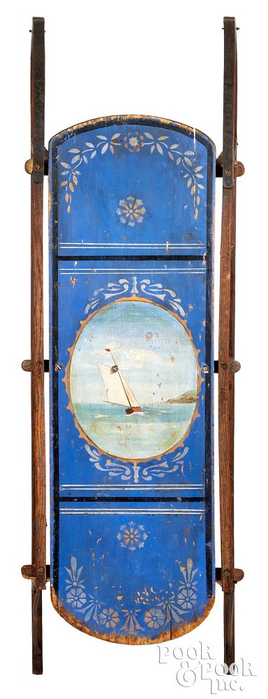 Appraisal: Painted sled with sailboat Painted sled with a central roundel