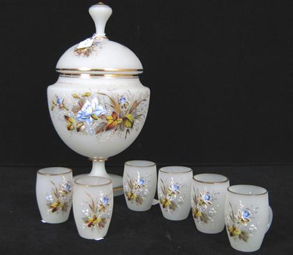 Appraisal: Opaline glass punch bowl and six cups With painted floral