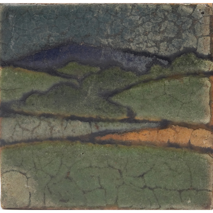 Appraisal: Grueby tile carved and painted landscape under a matte glaze