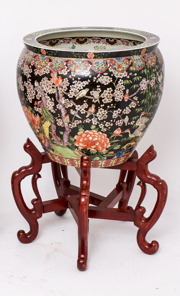 Appraisal: Chinese Porcelain Famille Noire Fish Bowl Stand Chinese porcelain famille