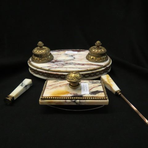 Appraisal: French Bronze Marble Desk Set double well inkwell is x