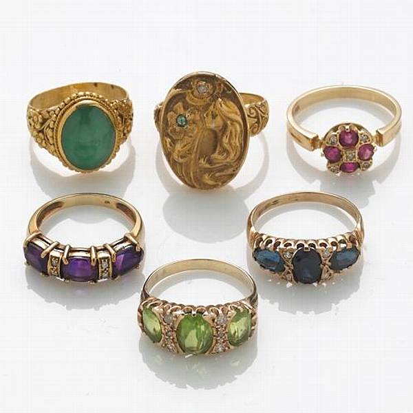 Appraisal: A collection of six gem-set k k and k gold