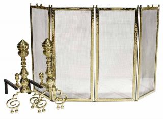 Appraisal: Pair American Classical Brass Andirons with a Spark Screen the