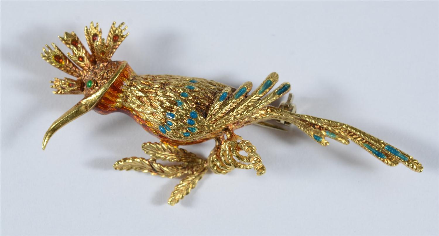 Appraisal: Unmarked K YG exotic bird pin turquoise and red enameled