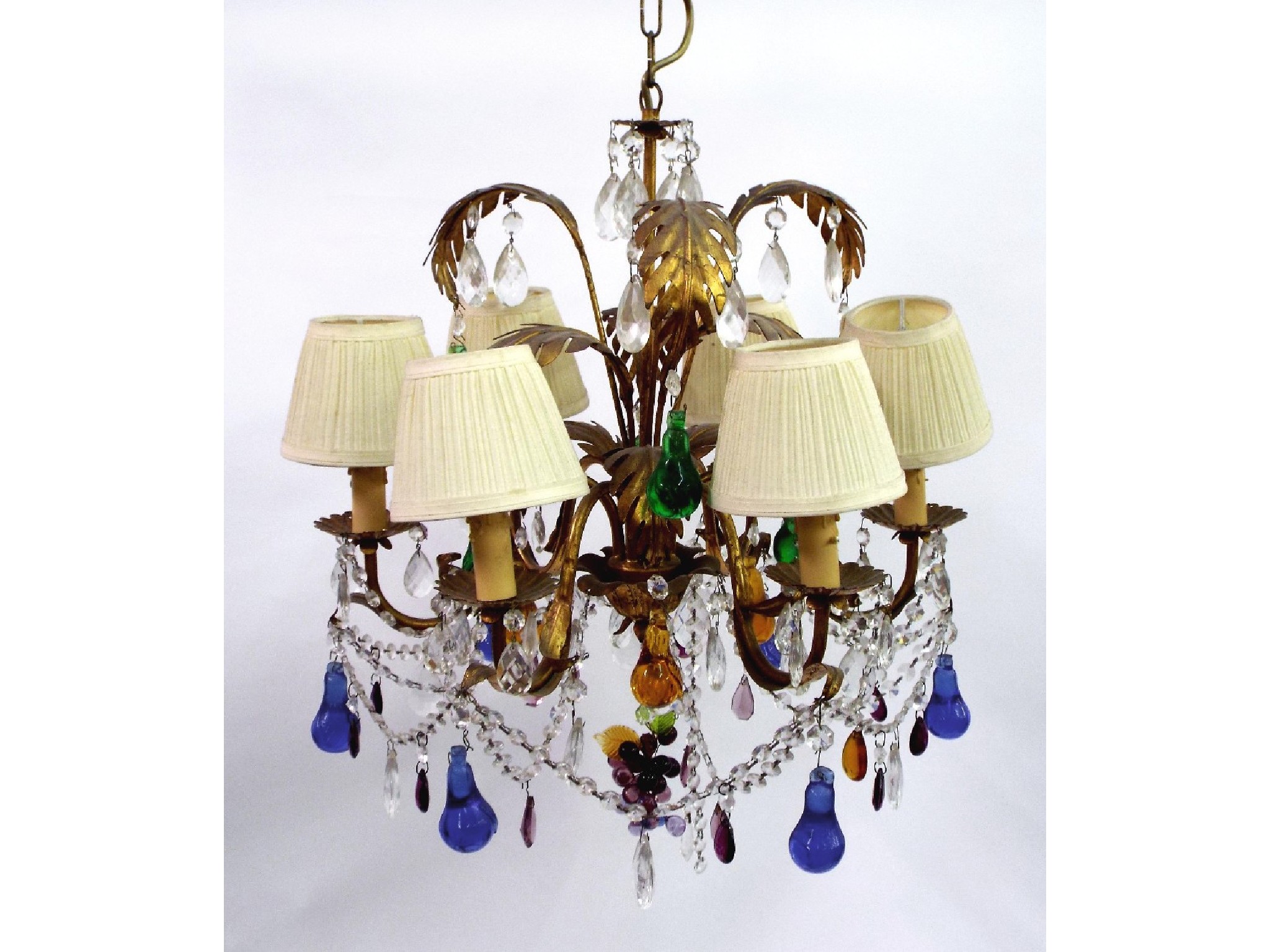 Appraisal: Interesting gilt metal six branch chandelier with various coloured glass