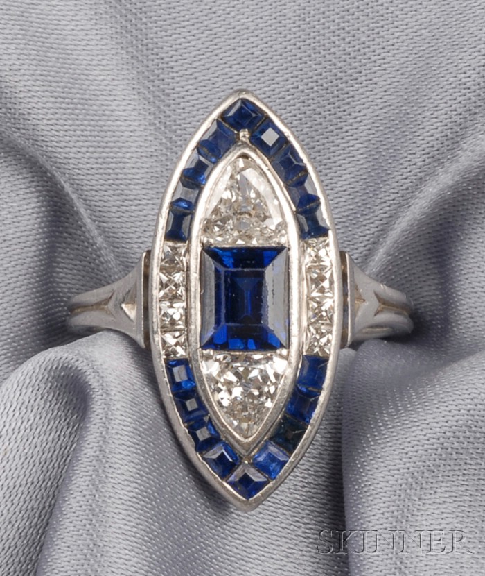 Appraisal: Art Deco Platinum Sapphire and Diamond Ring of navette form