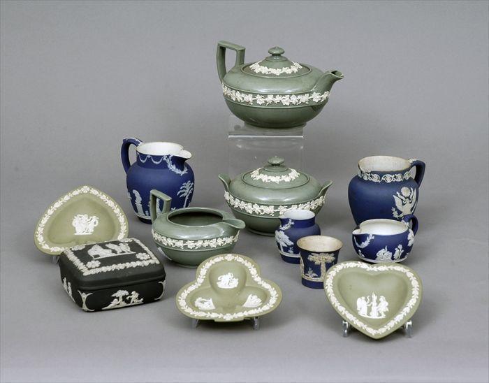 Appraisal: Wedgwood Green Queensware Three-Piece Tea Service and Ten Jasperware ArticlesGreen