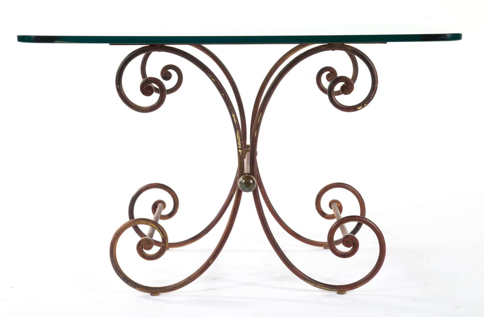 Appraisal: French style wrought iron glass top table th century x