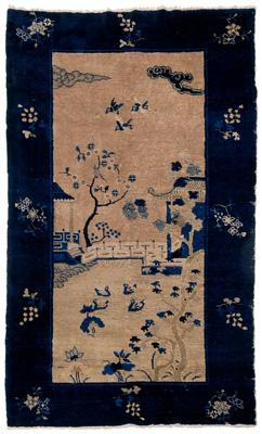 Appraisal: Chinese rug landscape with structures and bridge in harbor area