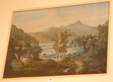 Appraisal: BRITISH SCHOOL LANDSCAPE WITH COTTAGE LAKE AND MOUNTAIN COLOUR ENGRAVING