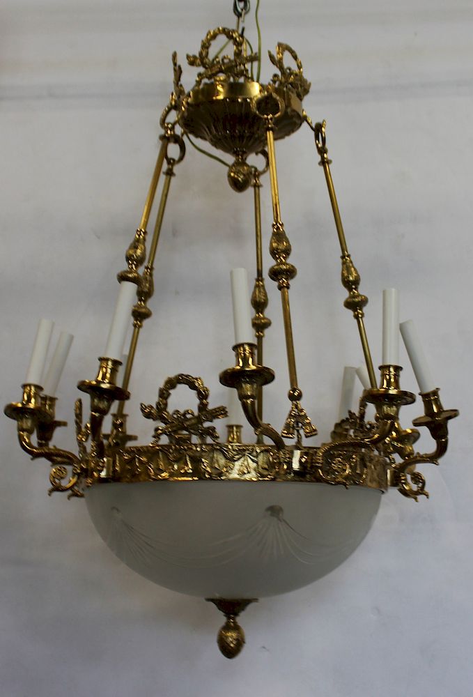 Appraisal: Vintage Gilt Bronze Frosted Glass Dome Base Chandelier From a