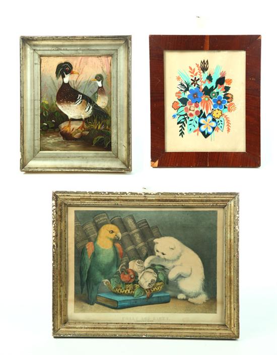 Appraisal: THREE FRAMED PIECES American nd half- th century Brightly colored