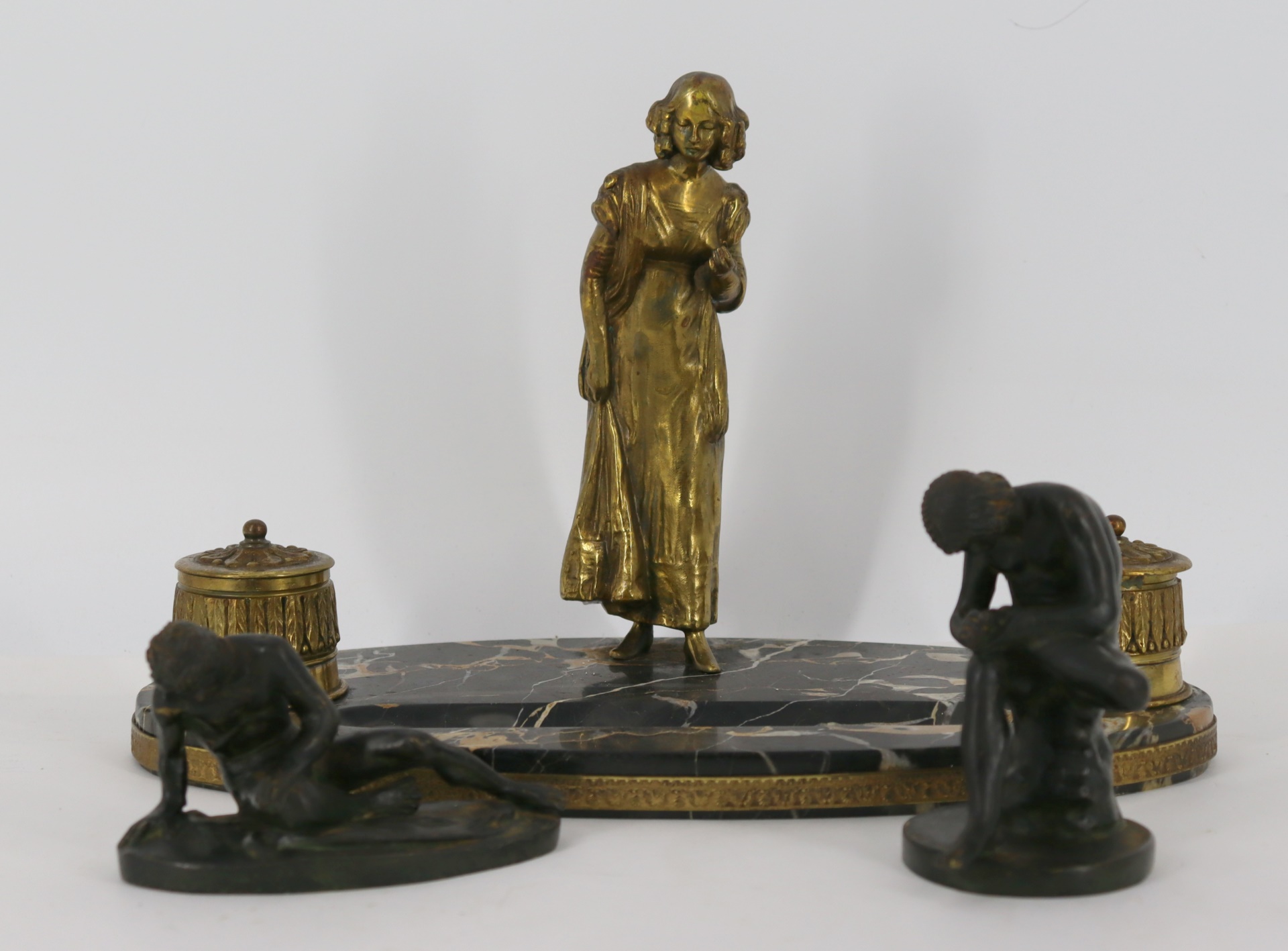 Appraisal: ANTIQUE MARBLE GILT METAL INKWELL BRONZE Figures From a Nyack