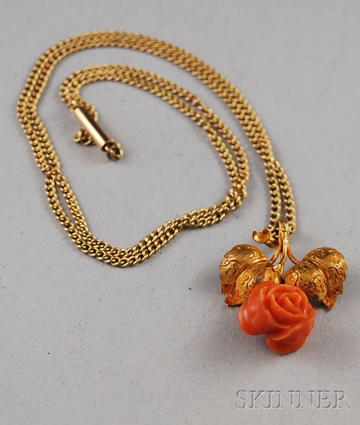 Appraisal: kt Gold and Carved Coral Necklace a carved coral rose