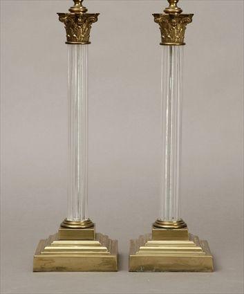 Appraisal: Pair of Brass-Mounted Molded Glass Column-Form Table Lamps in