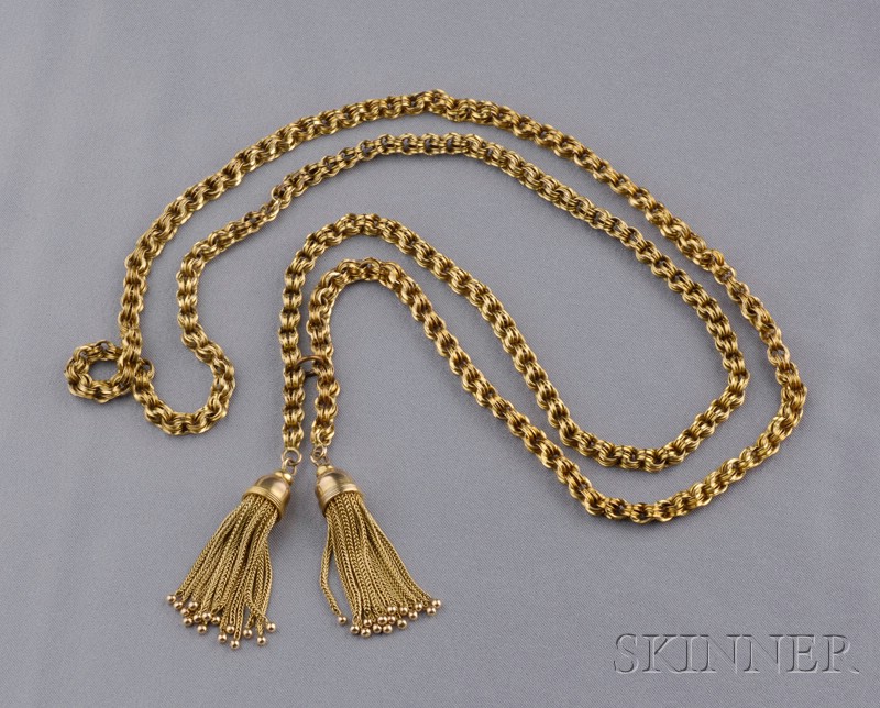 Appraisal: Tassel Necklace of low karat gold the double circular links