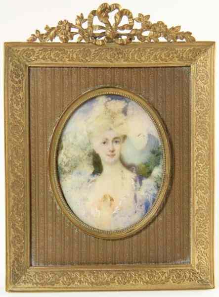 Appraisal: French Portrait Miniaturepainted on ivory oval form depicting woman in