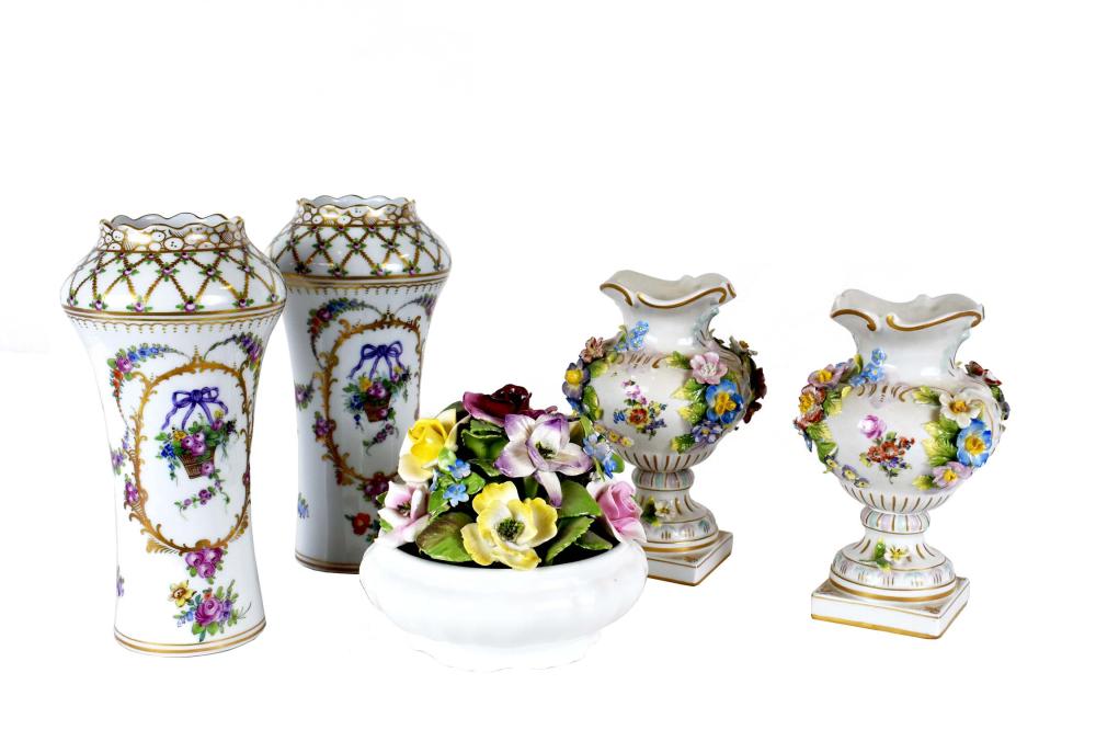 Appraisal: TWO PAIRS OF DRESDEN PORCELAIN VASESTogether with a Coalport flower-filled