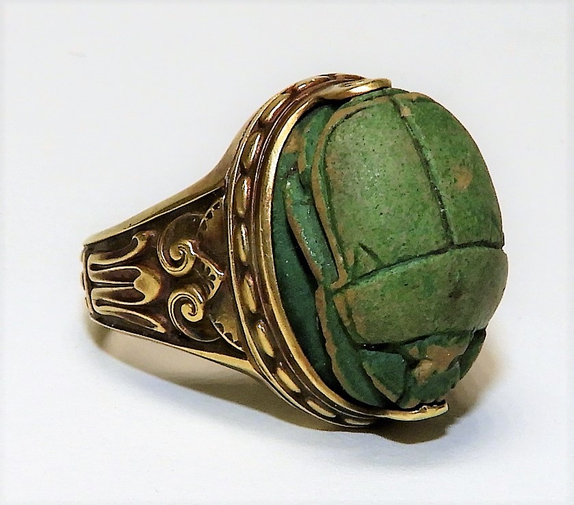 Appraisal: ANCIENT EGYPTIAN FAIENCE SCARAB K GOLD RING Egypt th- th