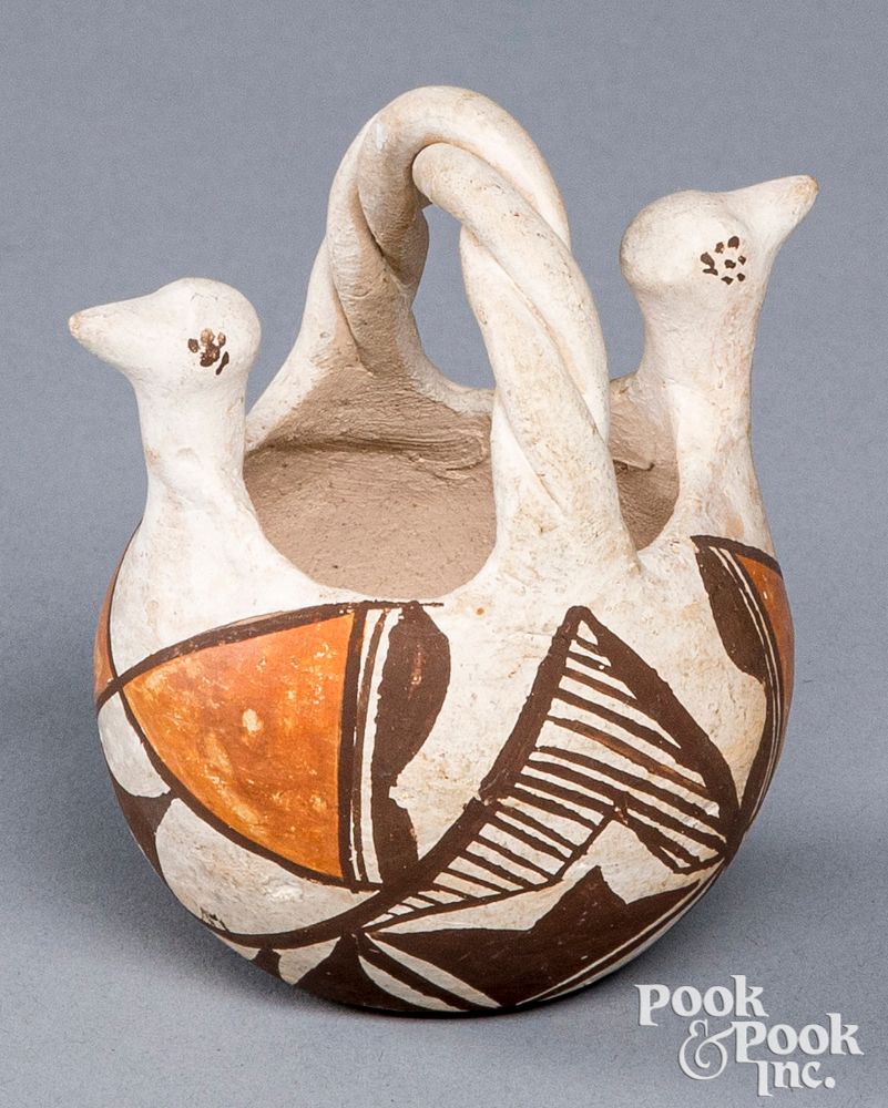 Appraisal: Acoma Indian polychrome bird head pottery basket Acoma Indian polychrome