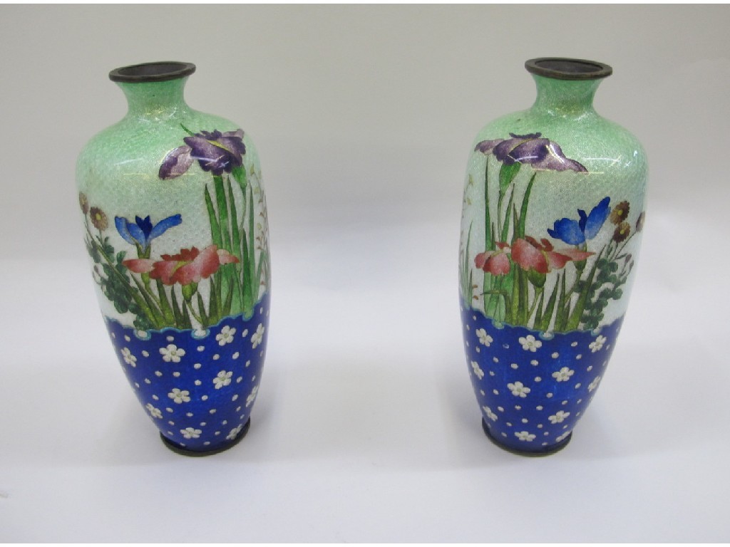 Appraisal: Pair of Japanese cloisonne vases decorated with irises some def