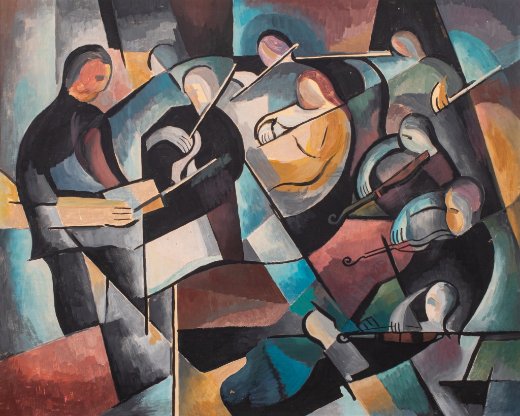 Appraisal: ILLEGIBLY SIGNED CUBIST 'MUSICIANS' OIL ON PANEL Cubist oil on