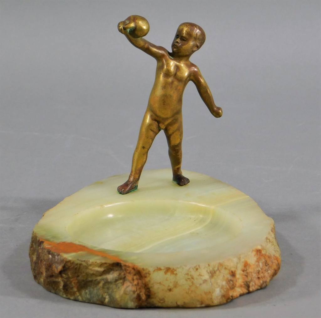 Appraisal: GERMAN ART DECO BRONZE BOY ONYX DESK TRAY Germany Early