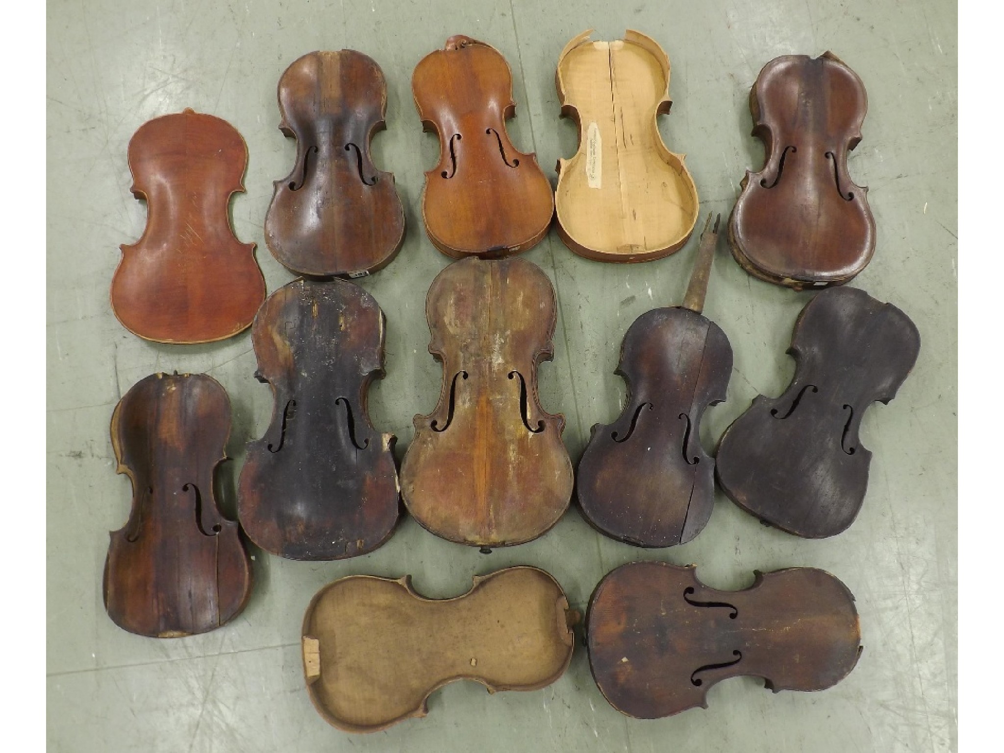 Appraisal: Box of eleven various violins and violas for restoration