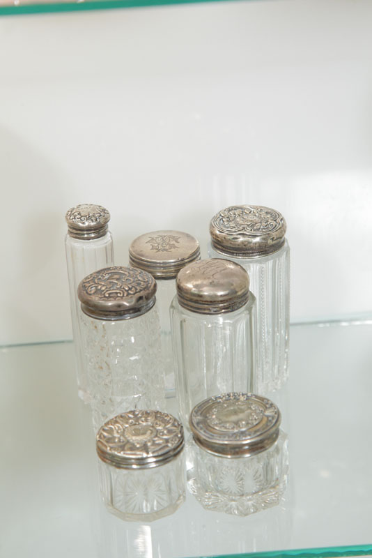 Appraisal: SEVEN SMALL DRESSER JARS WITH SILVER LIDS Five powder or