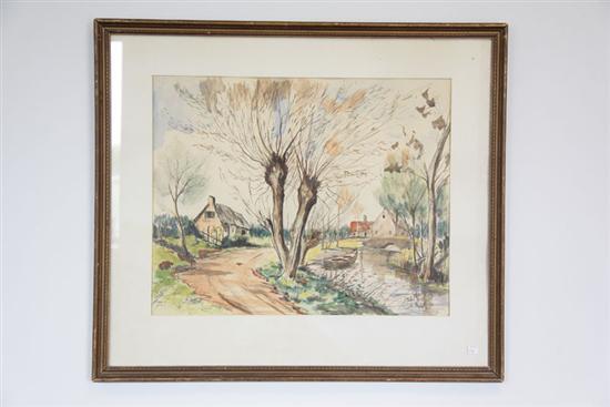 Appraisal: WATERCOLOR Depicting an quiet riverside scene with a small boat