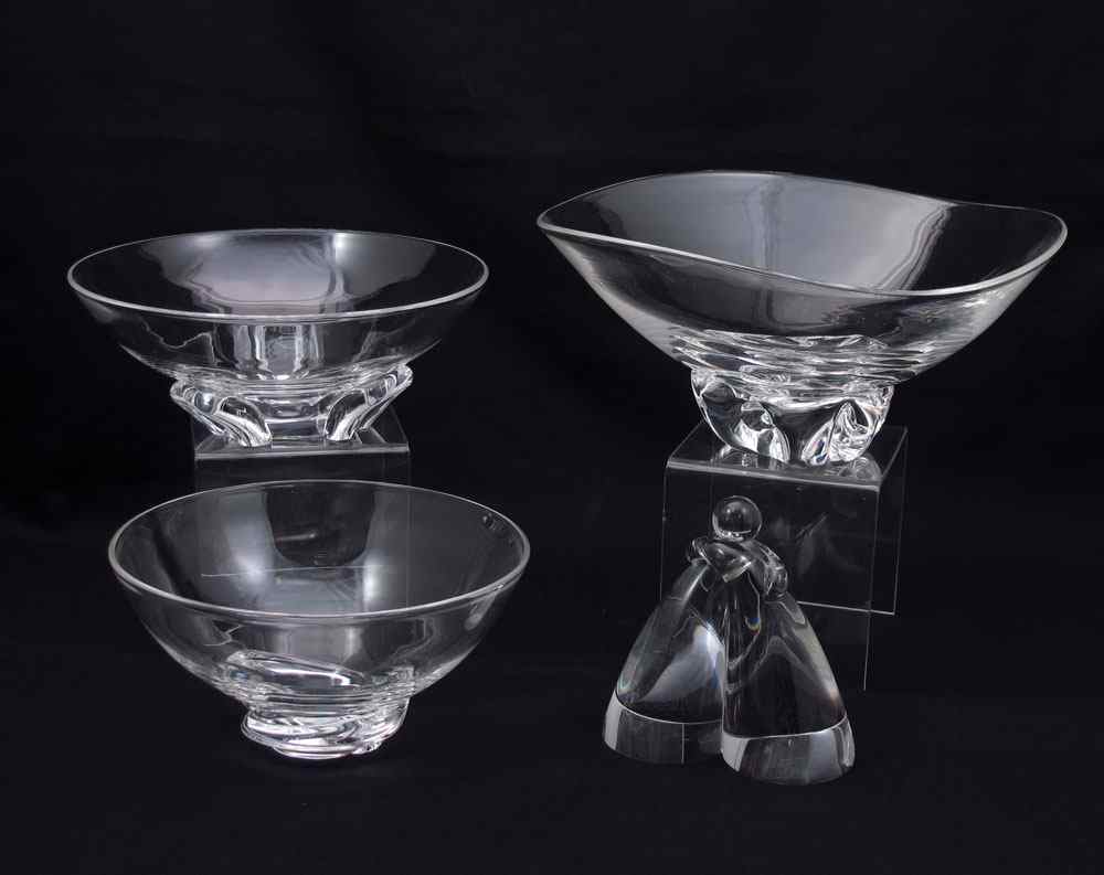 Appraisal: PC STEUBEN CRYSTAL Three bowls and a figure The stylized