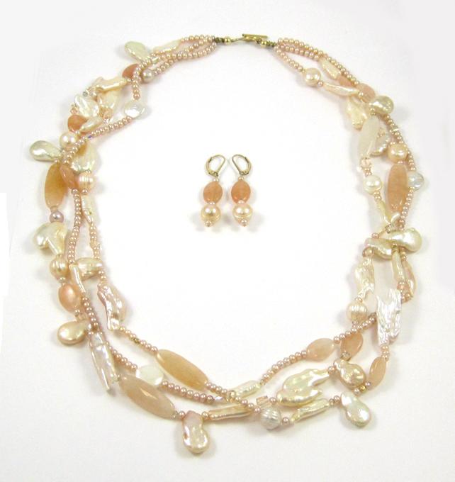 Appraisal: THREE PIECE PEARL AND PEACH QUARTZ JEWELRY SET including a