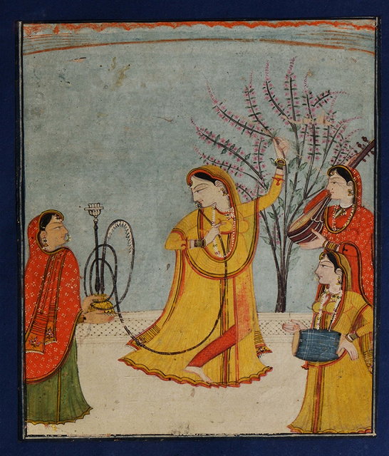 Appraisal: AN INDIAN MINIATURE PAHARI PAINTED WITH A LADY SMOKING ON