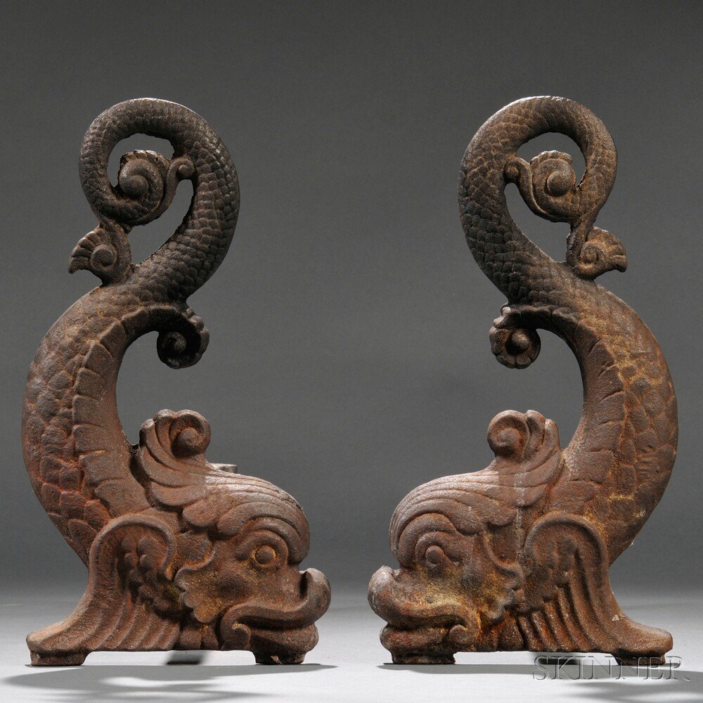 Appraisal: Pair of Cast Iron Dolphin Figural Andirons America late th