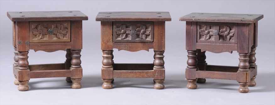 Appraisal: SET OF THREE CONTINENTAL BAROQUE CARVED OAK STOOLS POSSIBLY SPANISH