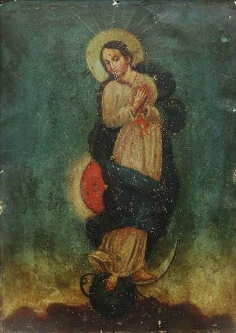 Appraisal: Framed oil on tin retablo Mexico La Inmaculada Concepcion The