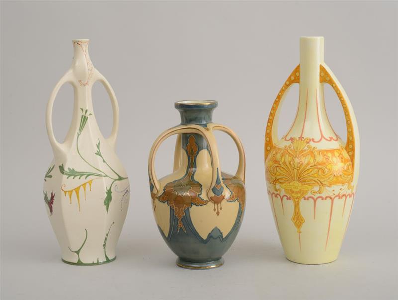 Appraisal: THREE DUTCH ART NOUVEAU POTTERY VASES The smallest with underglaze