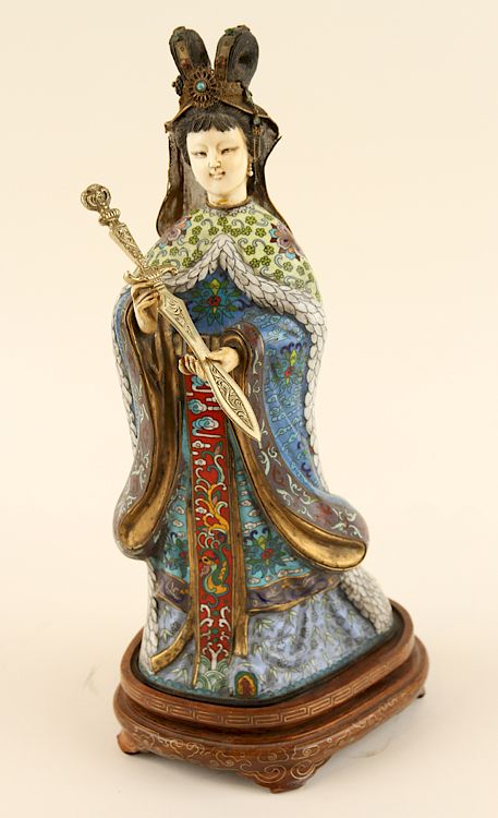 Appraisal: CHINESE CLOISONNE FIGURE OF WOMAN ON WOOD STAND A Chinese