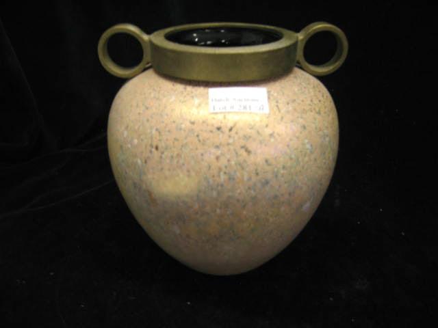 Appraisal: Art Glass Vase iridescent textured peach finish brass collar