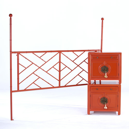 Appraisal: CENTURY Orange-enameled king-size headboard and matching nightstands with two doors