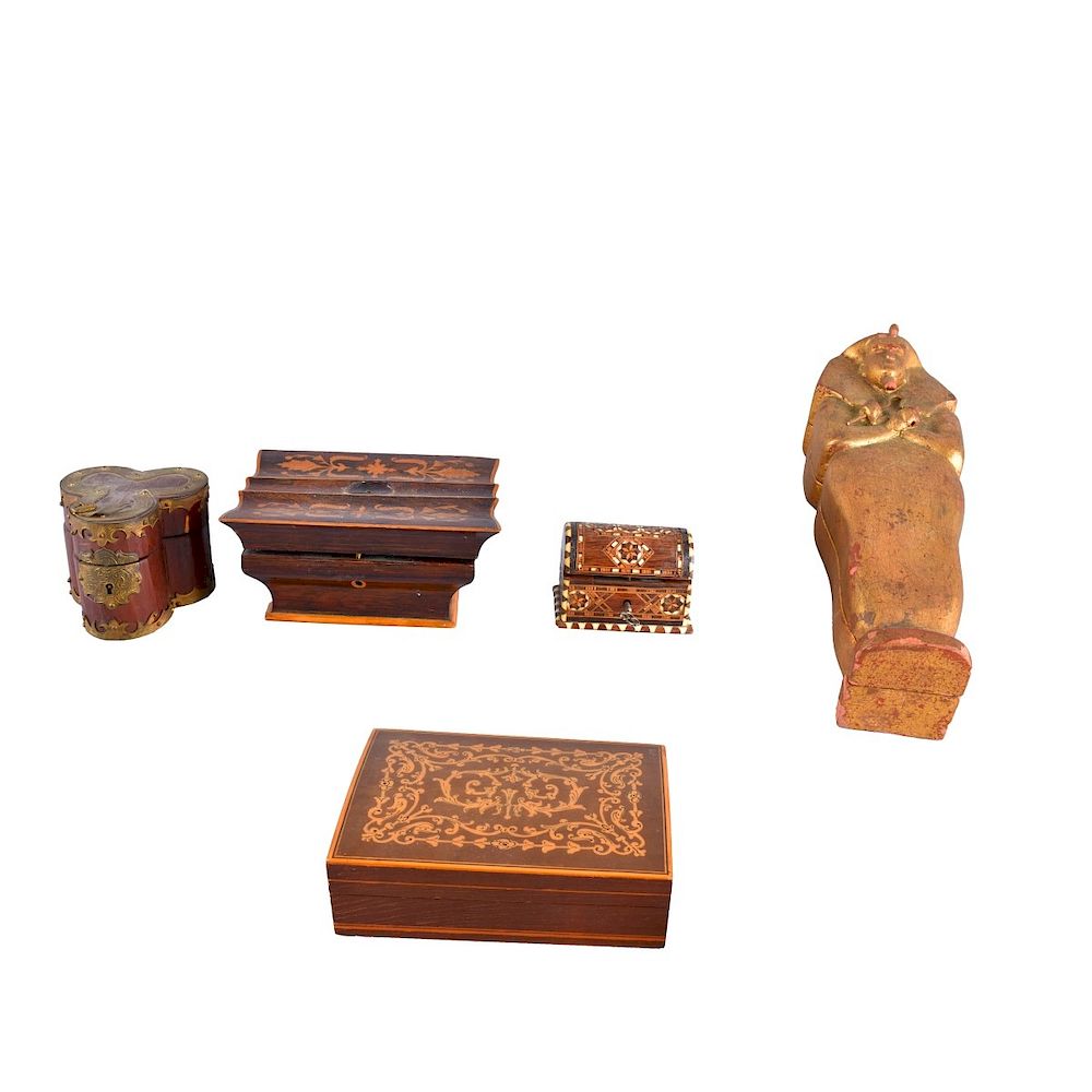 Appraisal: Five Vintage Wooden Boxes Grouping of Five Vintage Wooden Boxes