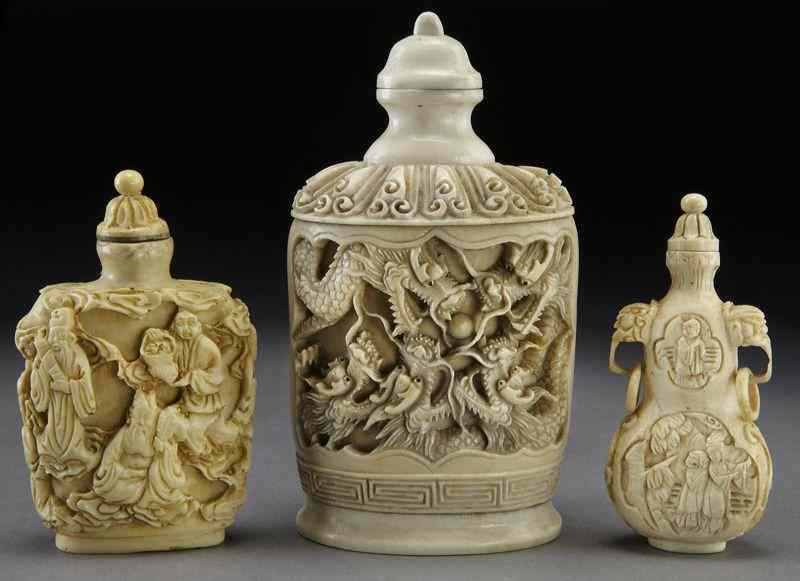 Appraisal: Chinese carved ivory snuff bottles International buyers should note that